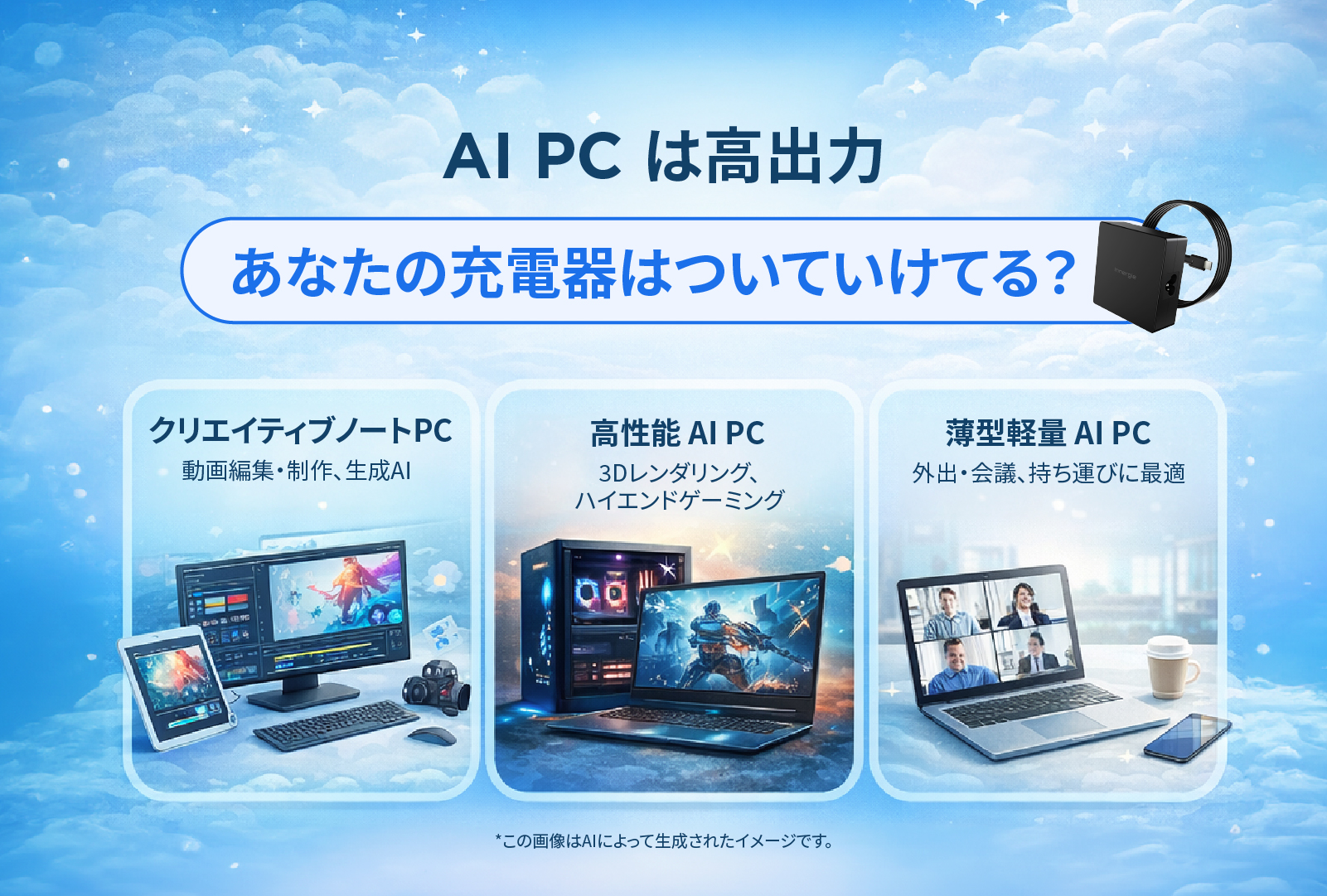 AIノートPC充電器選びガイドの表紙画像。65W、100W、140WのUSB-C急速充電器を紹介。