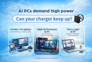 Cover image of AI laptop charger selection guide, showing 65W, 100W, and 140W USB-C fast chargers.