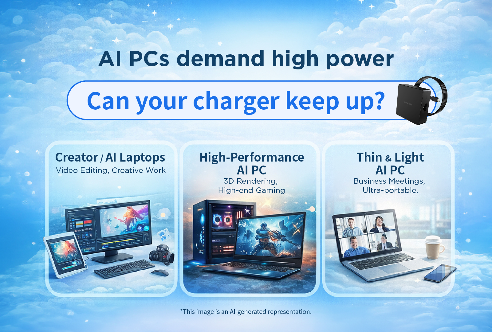 Cover image of AI laptop charger selection guide, showing 65W, 100W, and 140W USB-C fast chargers.