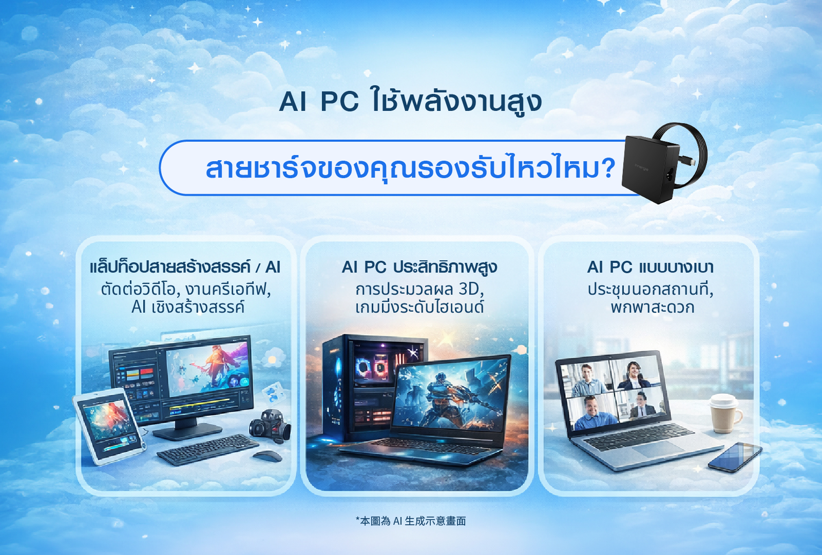 ภาพปกคู่มือการเลือกที่ชาร์จแล็ปท็อป AI แสดงที่ชาร์จ USB-C ชาร์จเร็ว 65W, 100W และ 140W