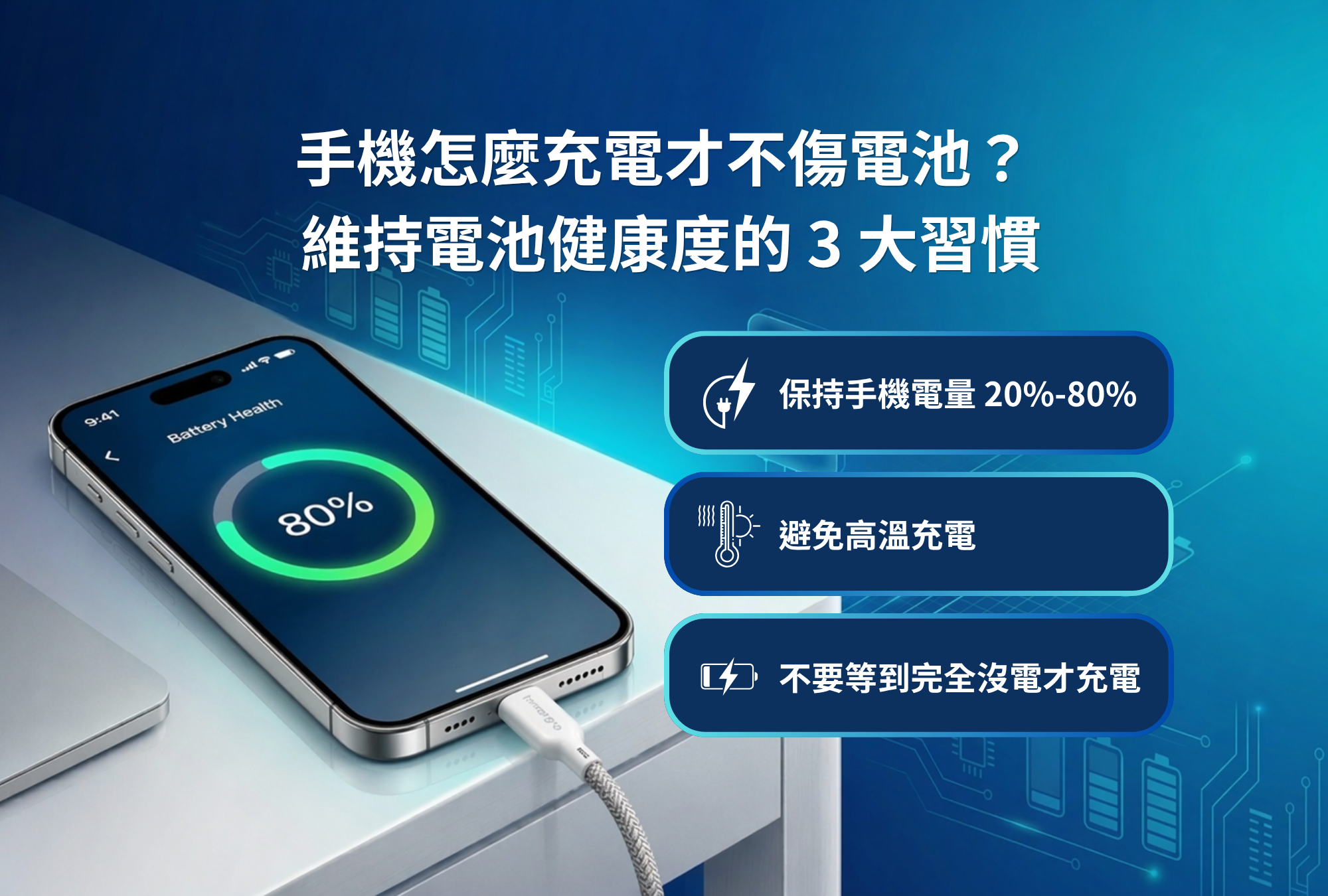 Innergie 充電知識文章封面圖：手機充電保養指南，包含 20%-80% 電量保持、避免高溫及不耗盡電量的充電習慣。